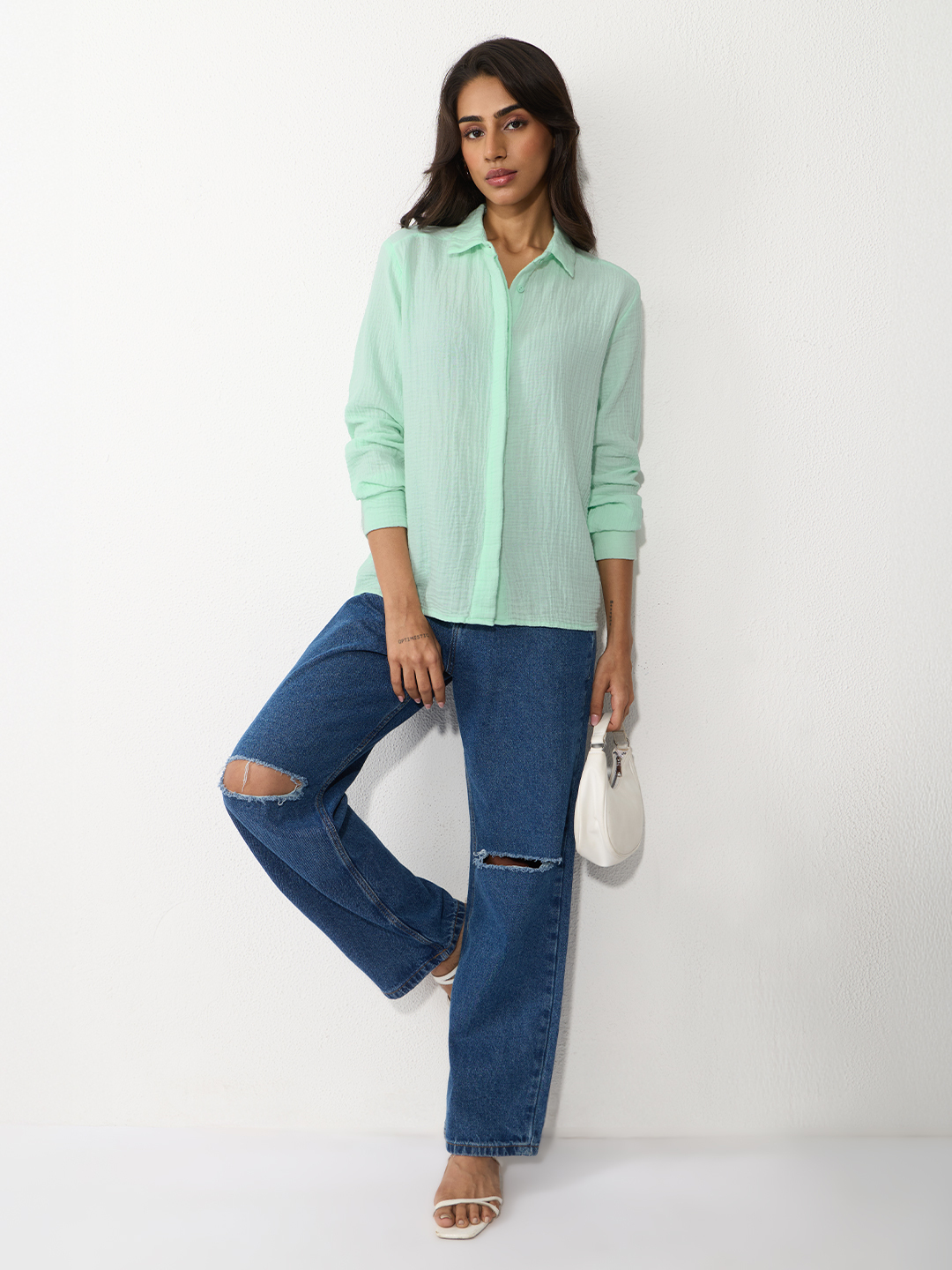 Womens Relaxed Fit Green Long Sleeve Textured Shirt