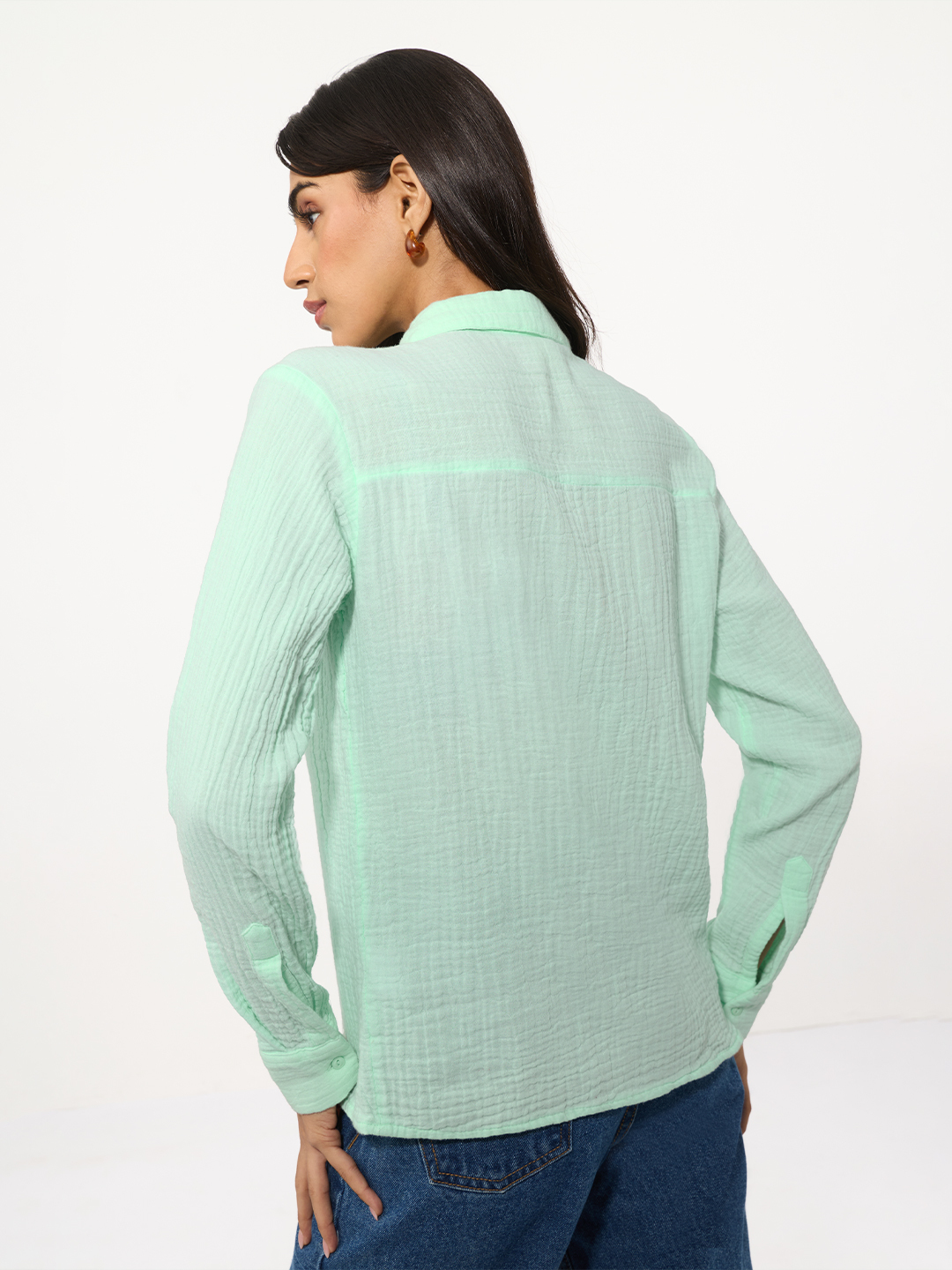 Womens Relaxed Fit Green Long Sleeve Textured Shirt