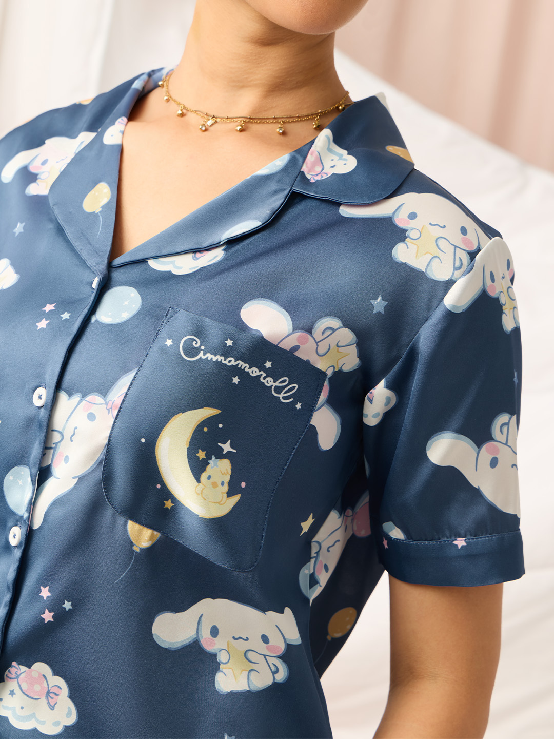 Blue Cinnamoroll Regular Fit Satin Short Sleeve Shirt