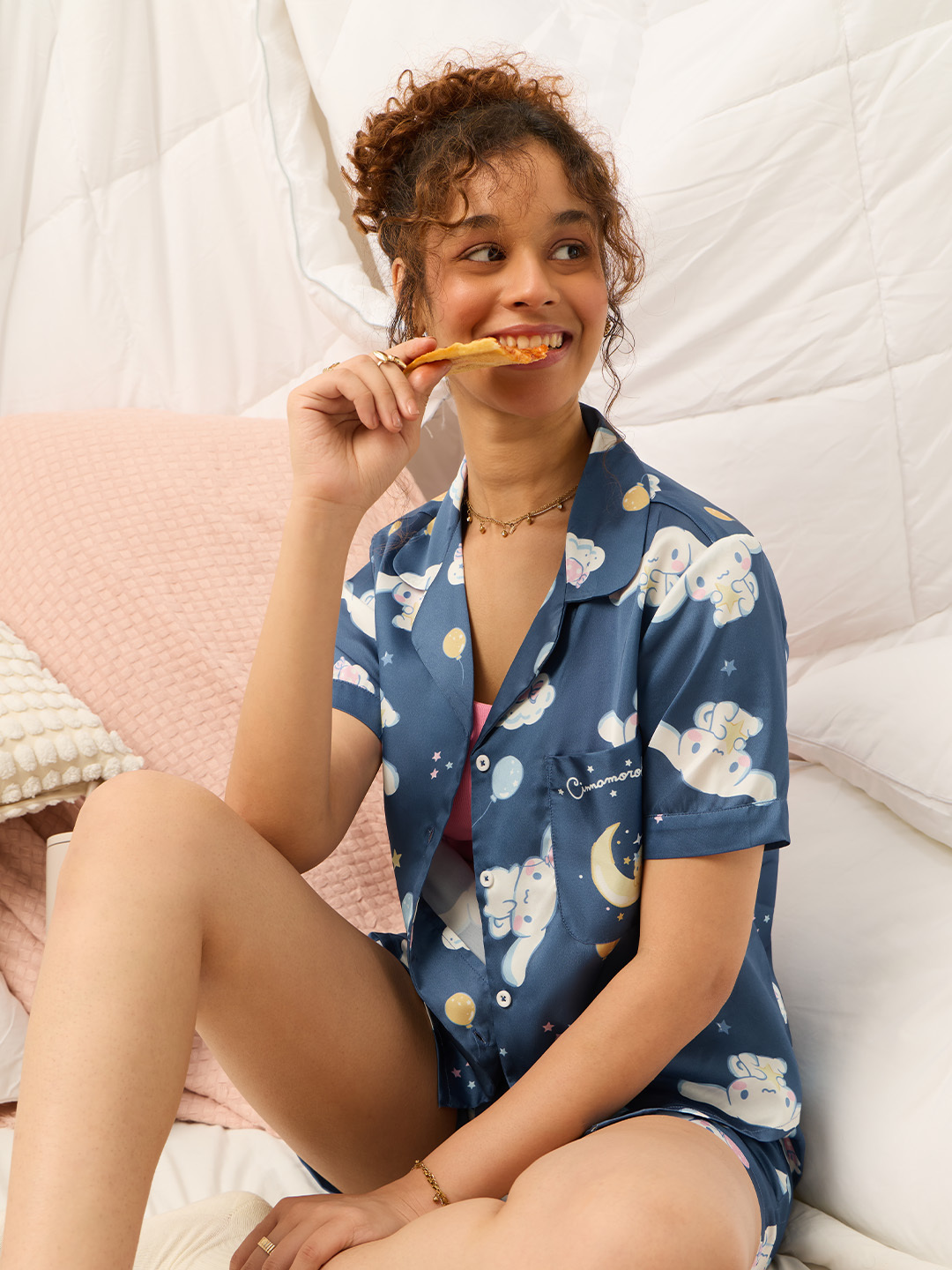 Blue Cinnamoroll Regular Fit Satin Short Sleeve Shirt