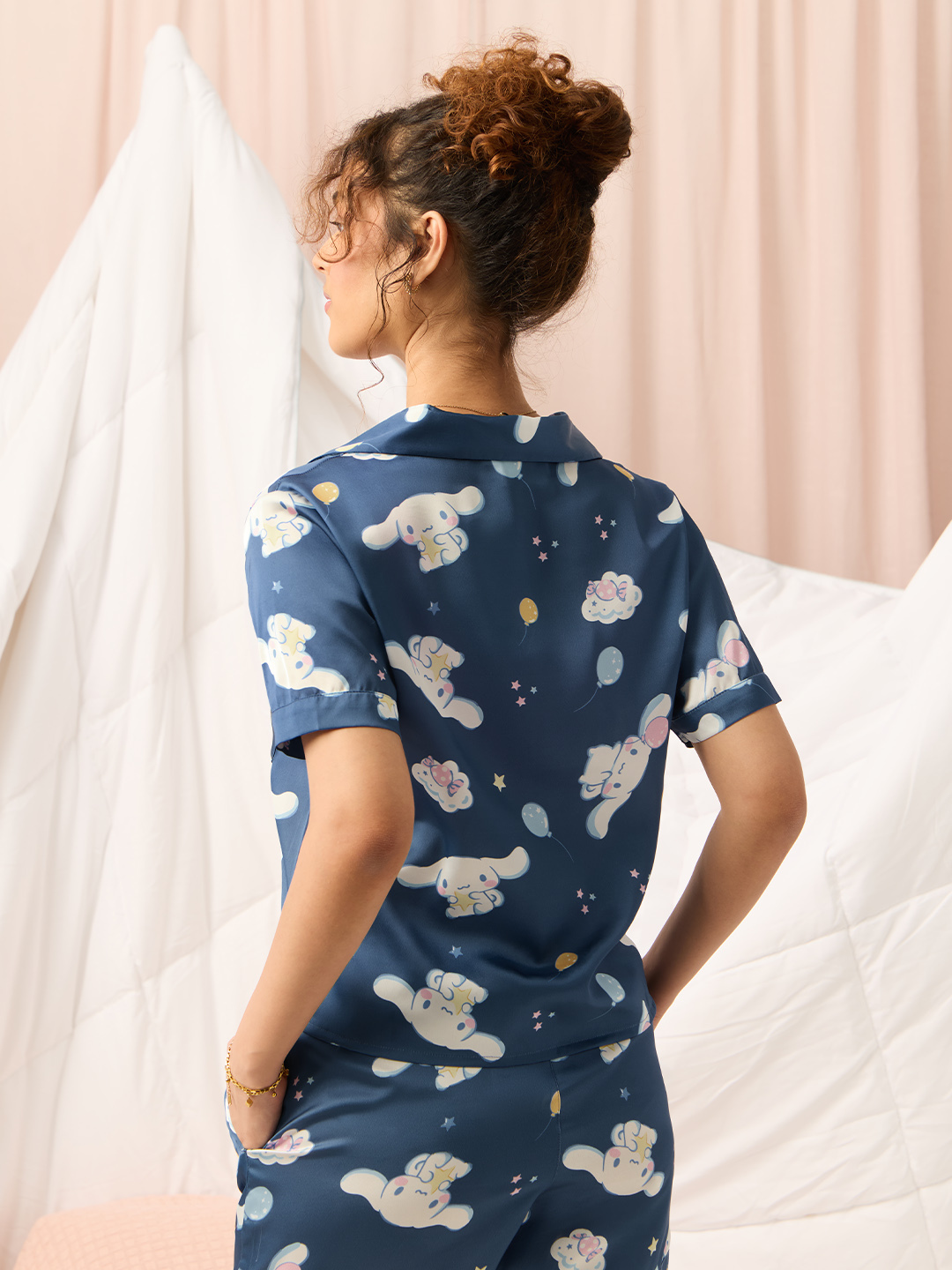 Blue Cinnamoroll Regular Fit Satin Short Sleeve Shirt