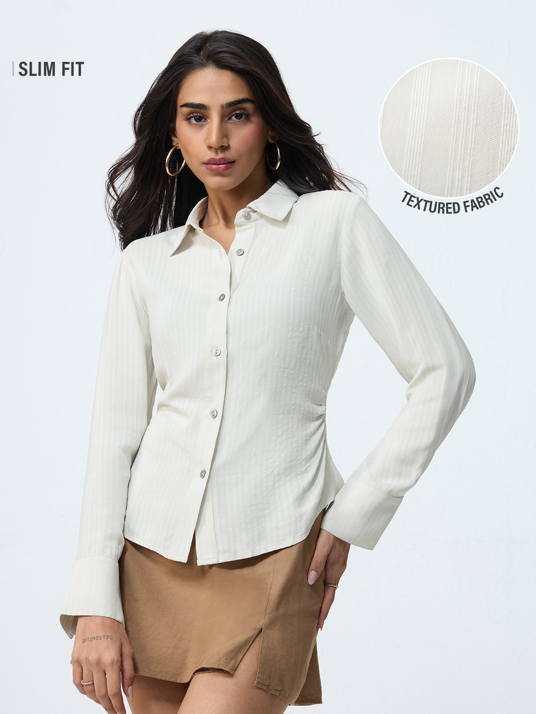 Cream Slim Fit Textured Long Sleeve Shirt