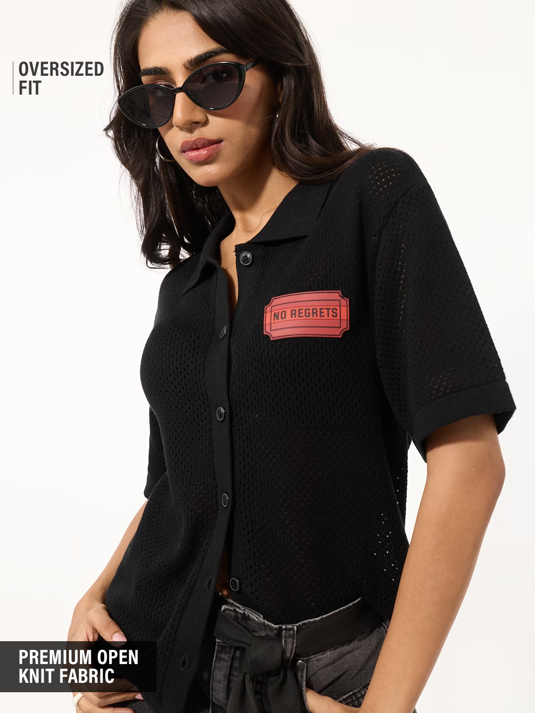 Black Oversized Open Knit Shirt with Short Sleeves