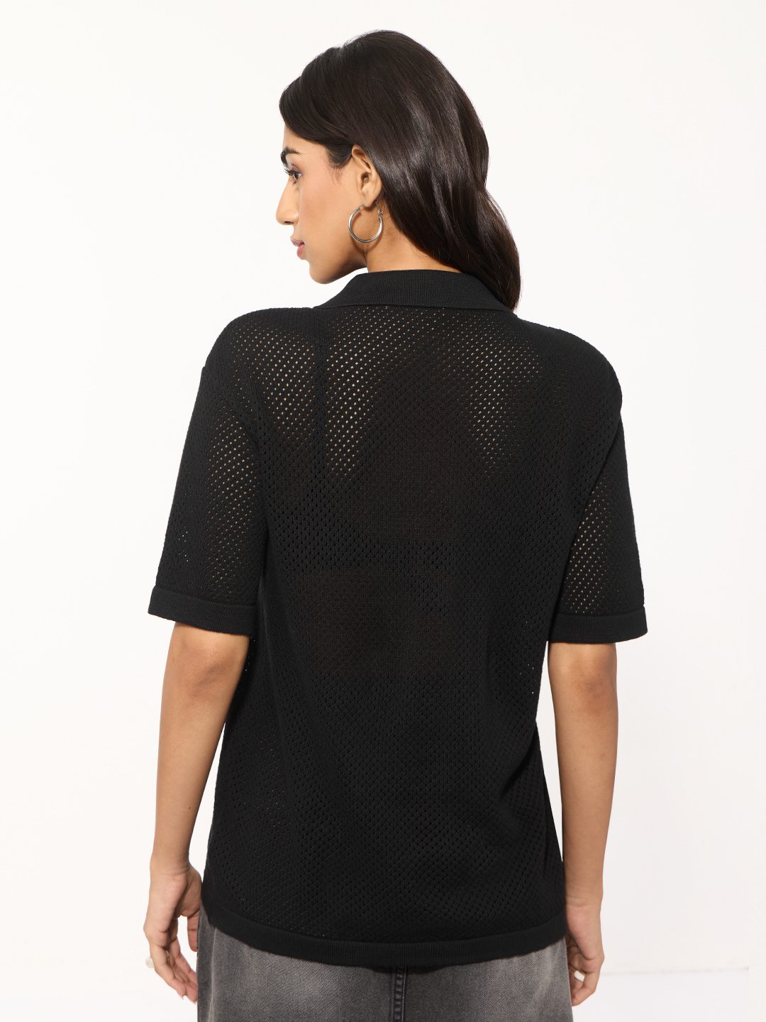 Black Oversized Open Knit Shirt with Short Sleeves