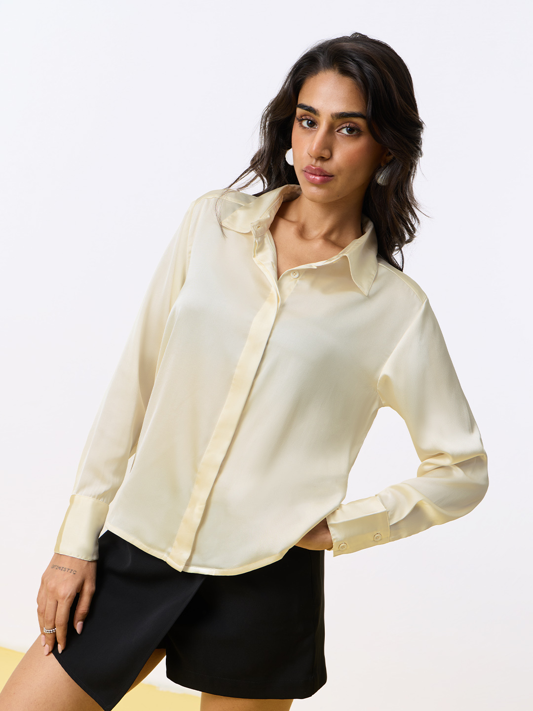 Off-White Satin Relaxed Fit Shirt