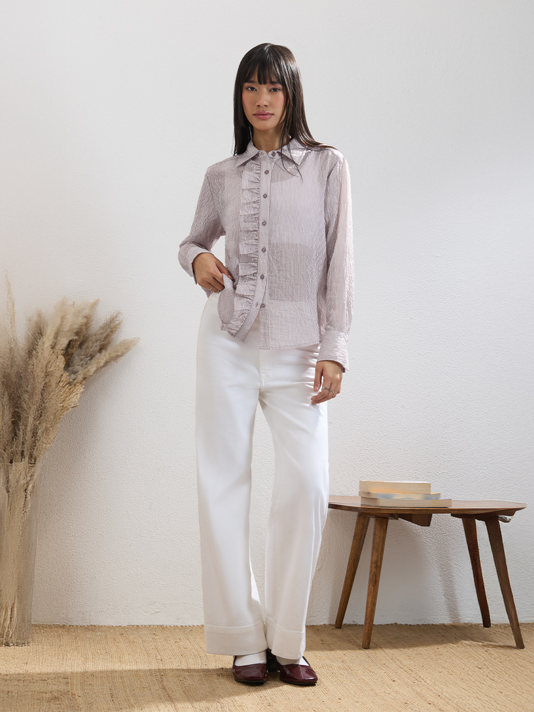 Purple Striped Ruffle Long Sleeve Shirt