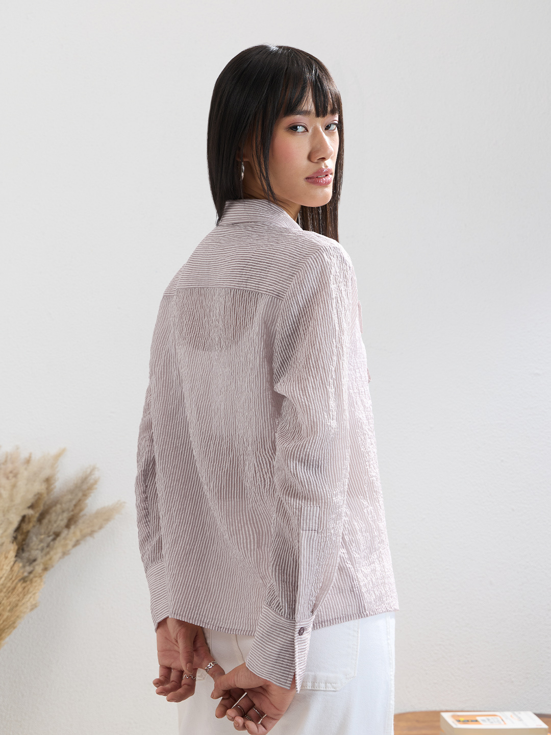 Purple Striped Ruffle Long Sleeve Shirt