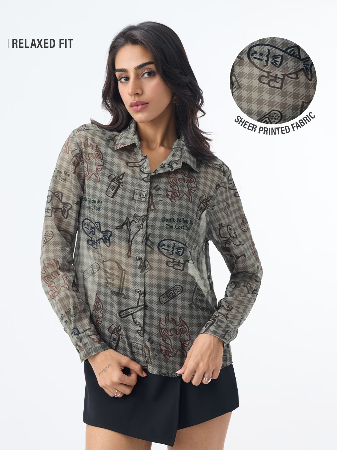Grey Houndstooth Sheer Long Sleeve Shirt
