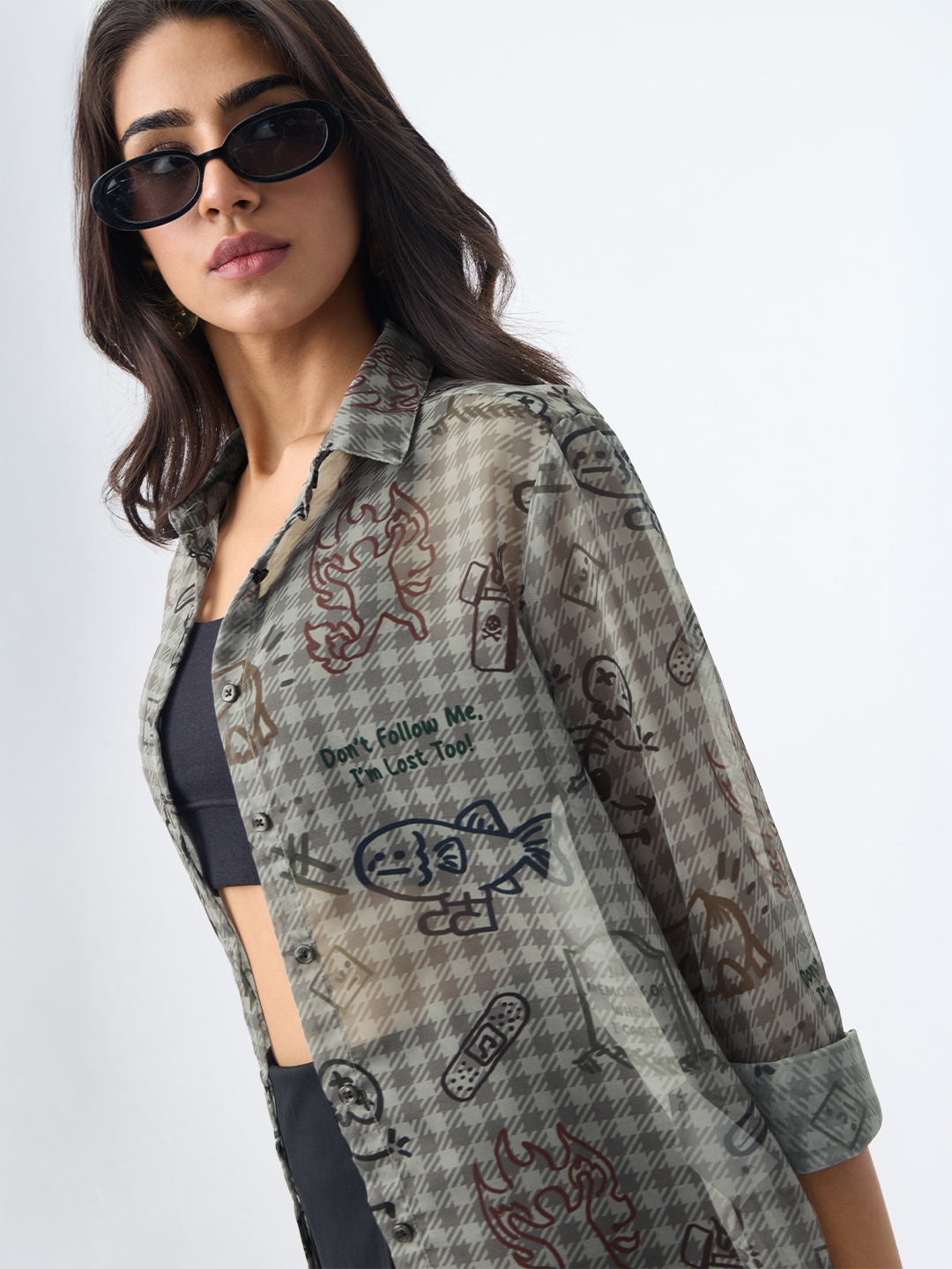 Grey Houndstooth Sheer Long Sleeve Shirt