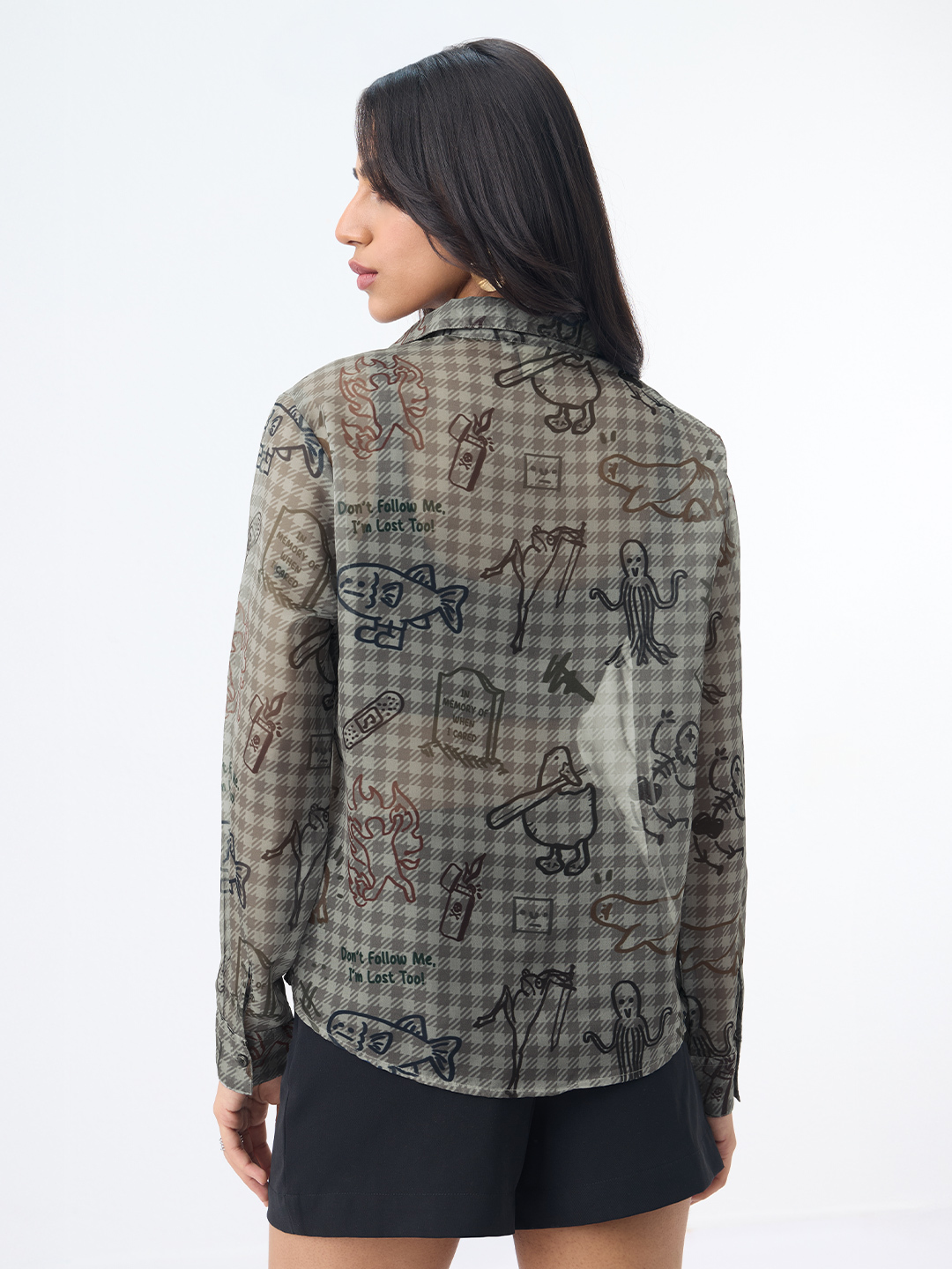 Grey Houndstooth Sheer Long Sleeve Shirt