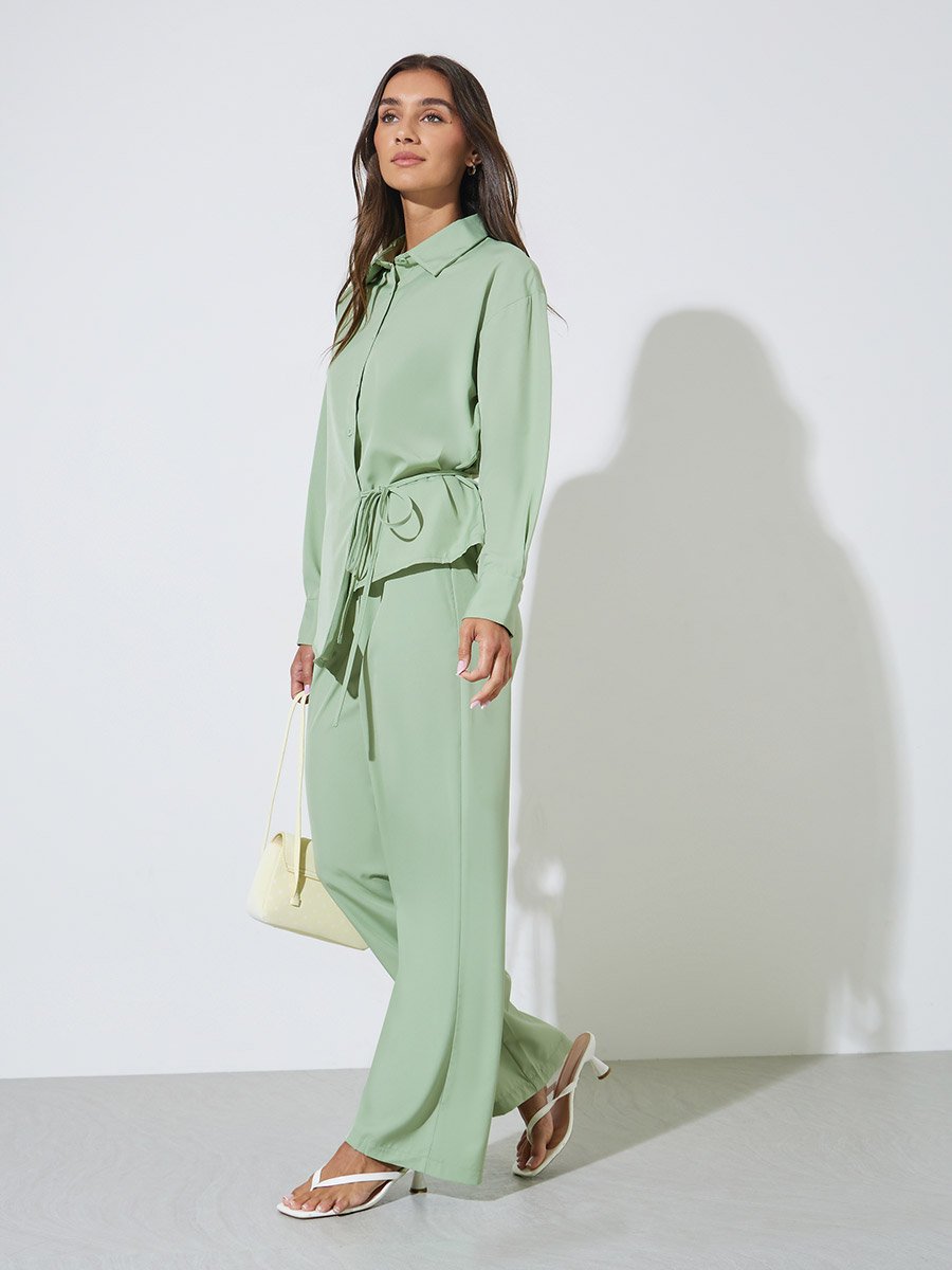 Green Solid Tie-Up Waist Shirt and Wide Leg Pants Co-Ord Set