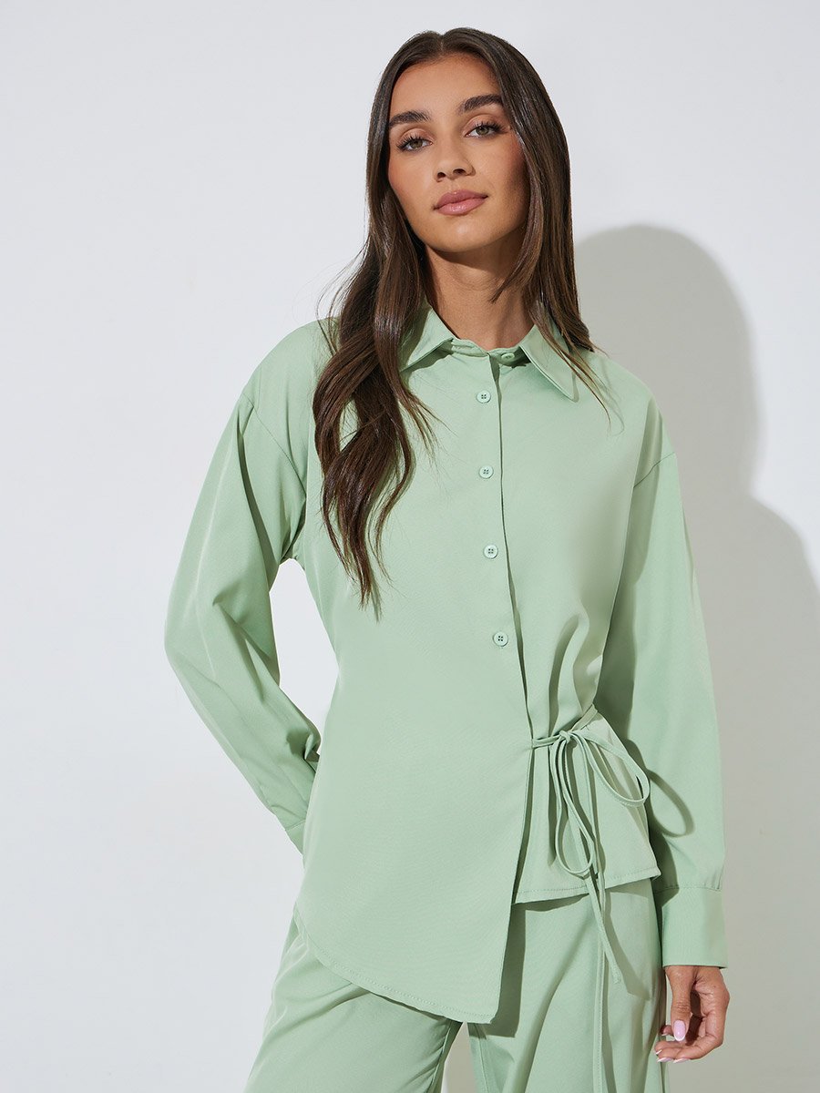 Green Solid Tie-Up Waist Shirt and Wide Leg Pants Co-Ord Set
