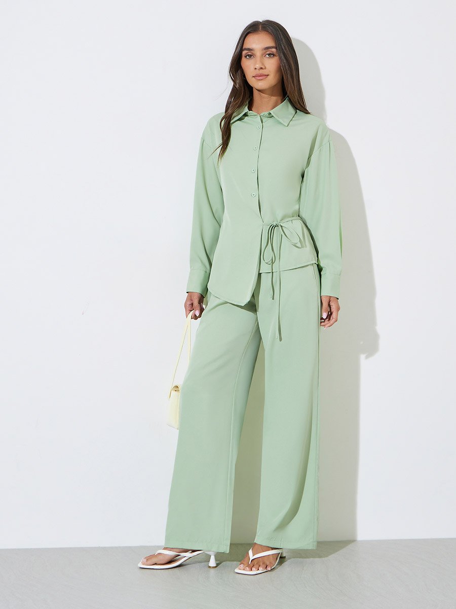 Green Solid Tie-Up Waist Shirt and Wide Leg Pants Co-Ord Set