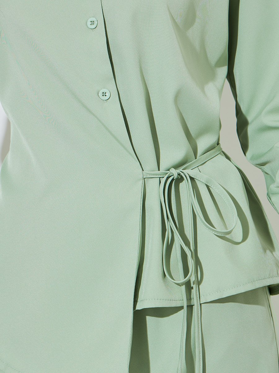 Green Solid Tie-Up Waist Shirt and Wide Leg Pants Co-Ord Set