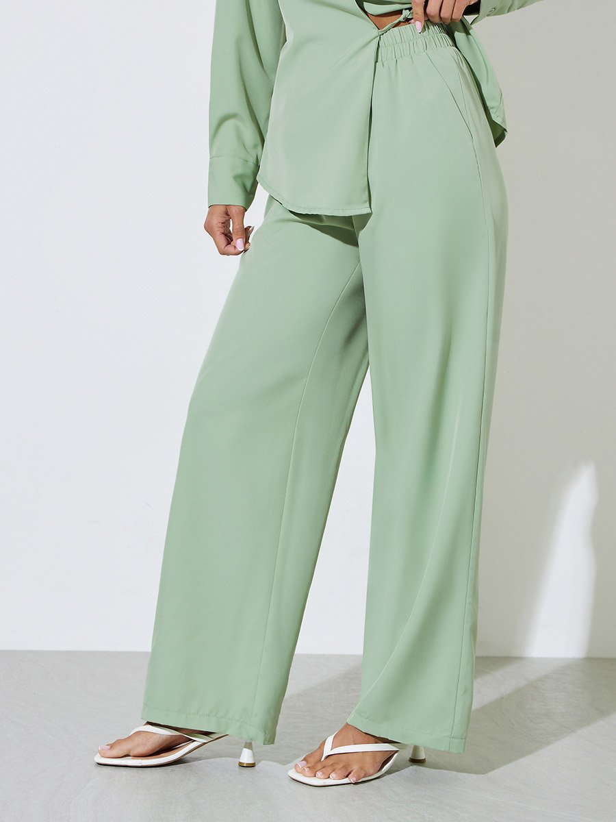 Green Solid Tie-Up Waist Shirt and Wide Leg Pants Co-Ord Set