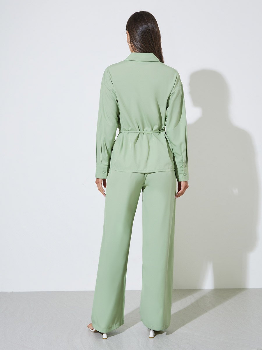 Green Solid Tie-Up Waist Shirt and Wide Leg Pants Co-Ord Set