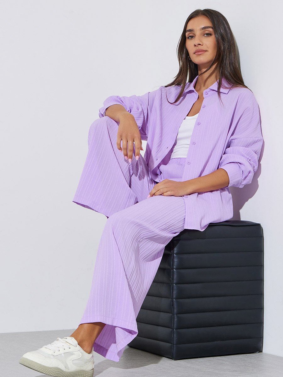 Purple Solid Long Sleeves Shirt and Wide Leg Trousers Set