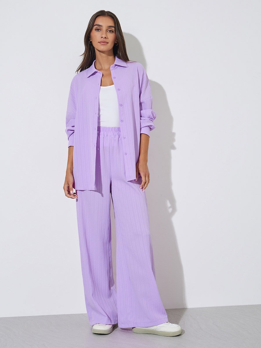 Purple Solid Long Sleeves Shirt and Wide Leg Trousers Set