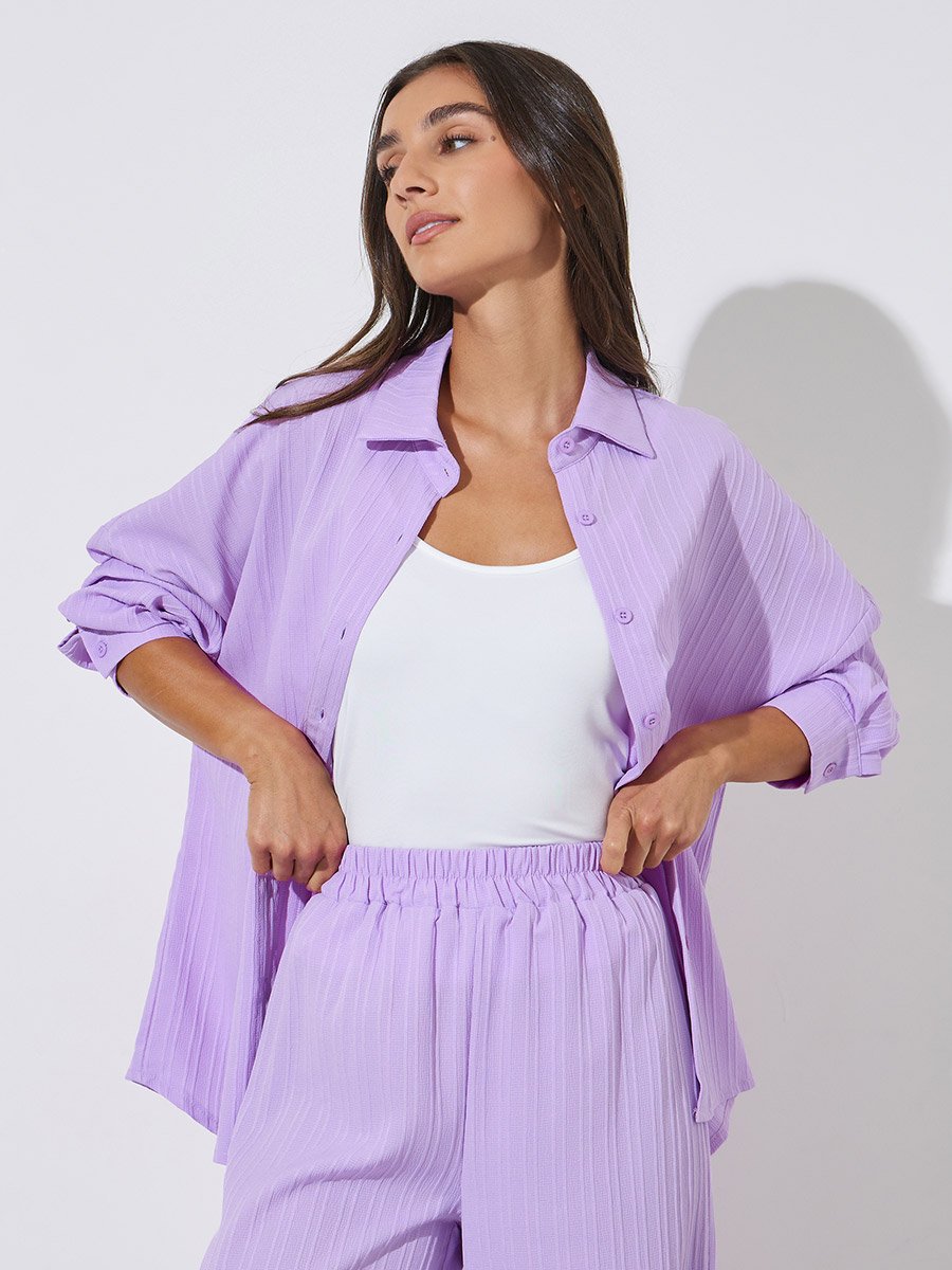 Purple Solid Long Sleeves Shirt and Wide Leg Trousers Set