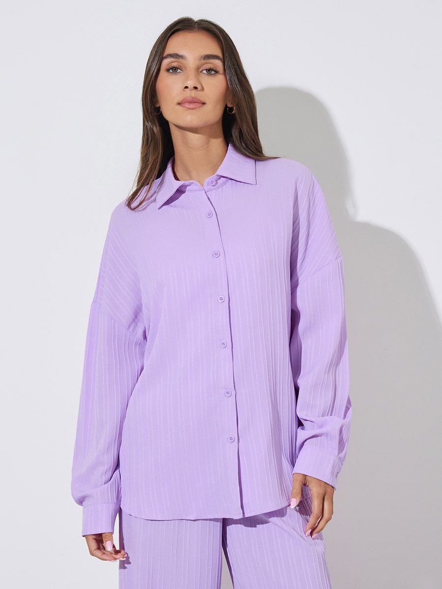 Purple Solid Long Sleeves Shirt and Wide Leg Trousers Set