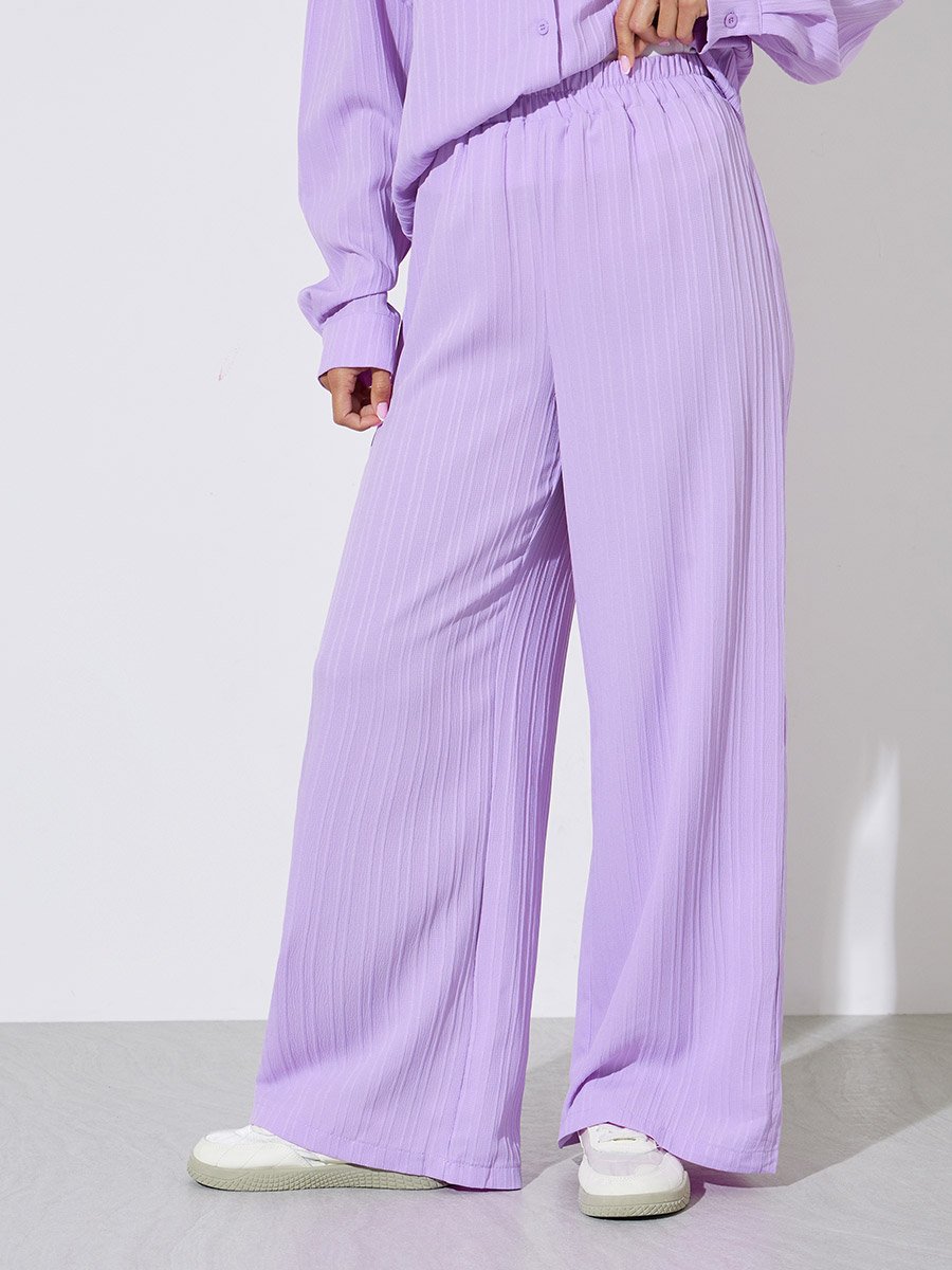 Purple Solid Long Sleeves Shirt and Wide Leg Trousers Set