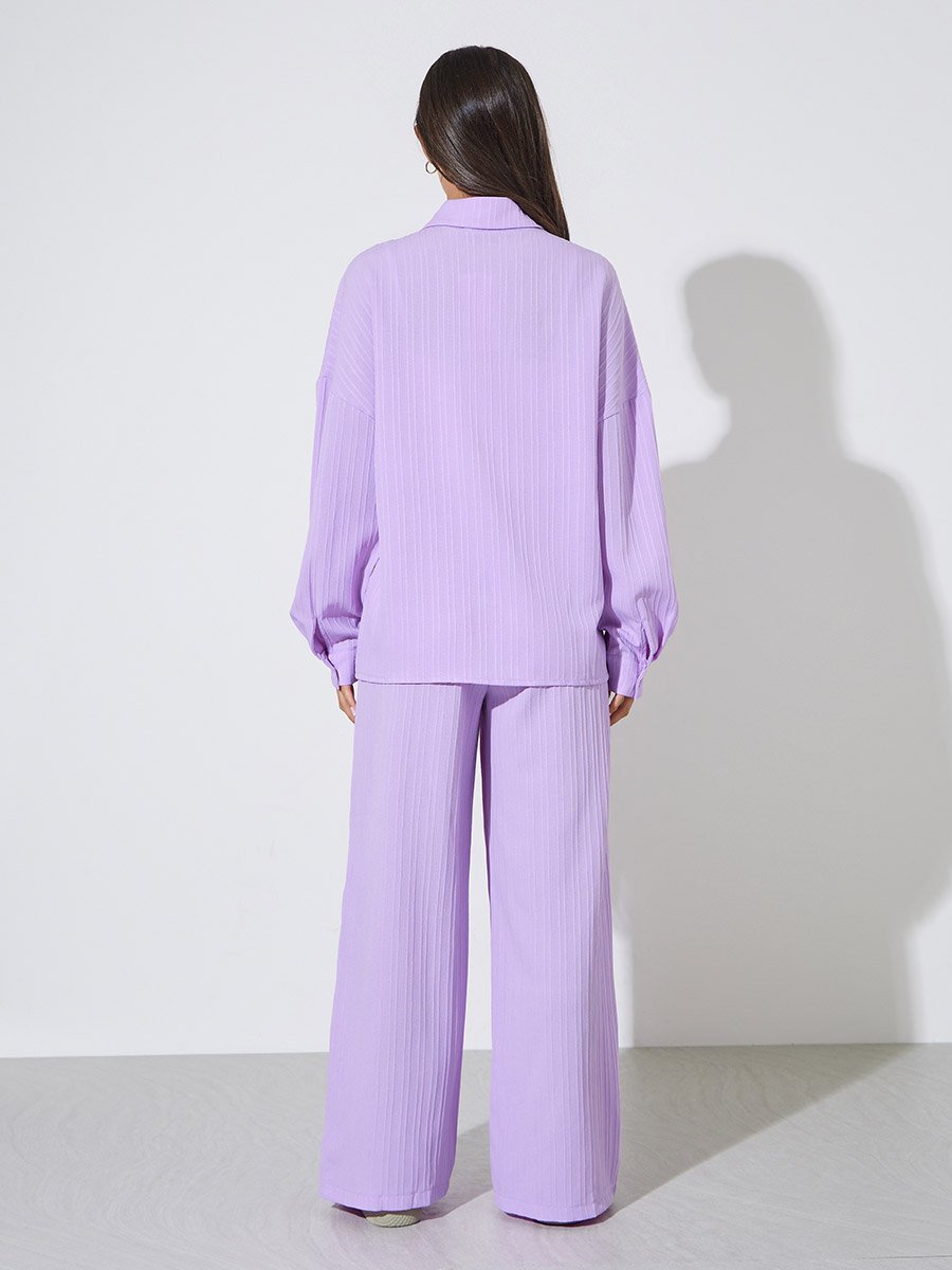Purple Solid Long Sleeves Shirt and Wide Leg Trousers Set