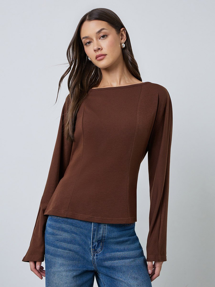 Brown Solid Boat Neck T-Shirt