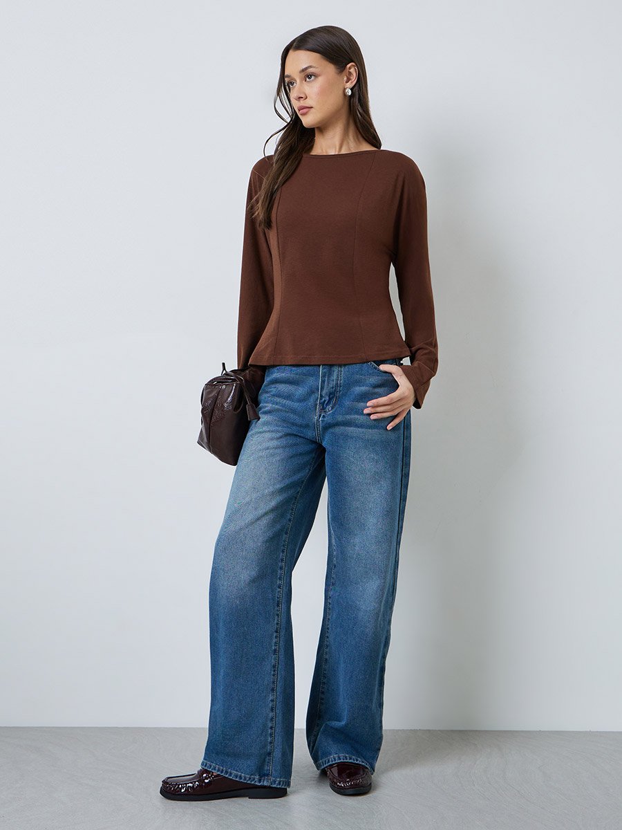 Brown Solid Boat Neck T-Shirt