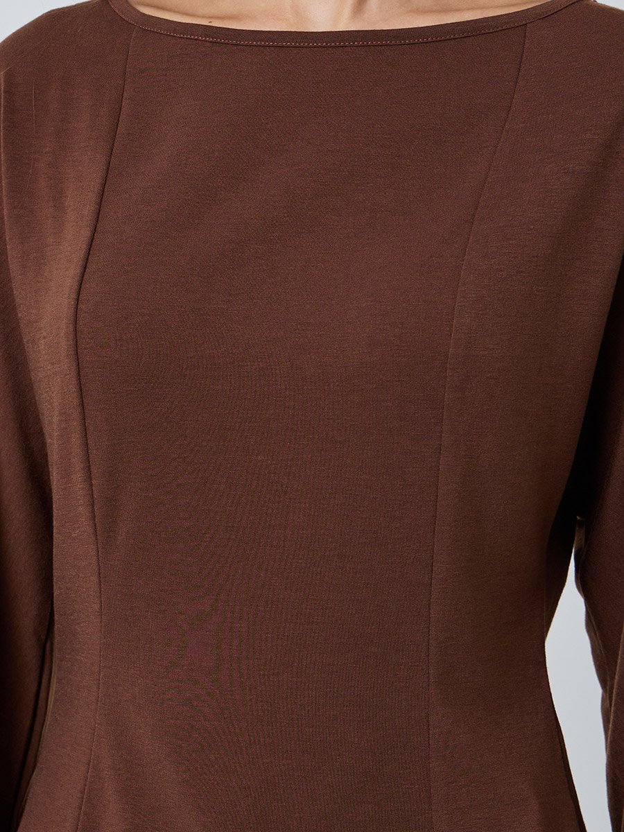 Brown Solid Boat Neck T-Shirt