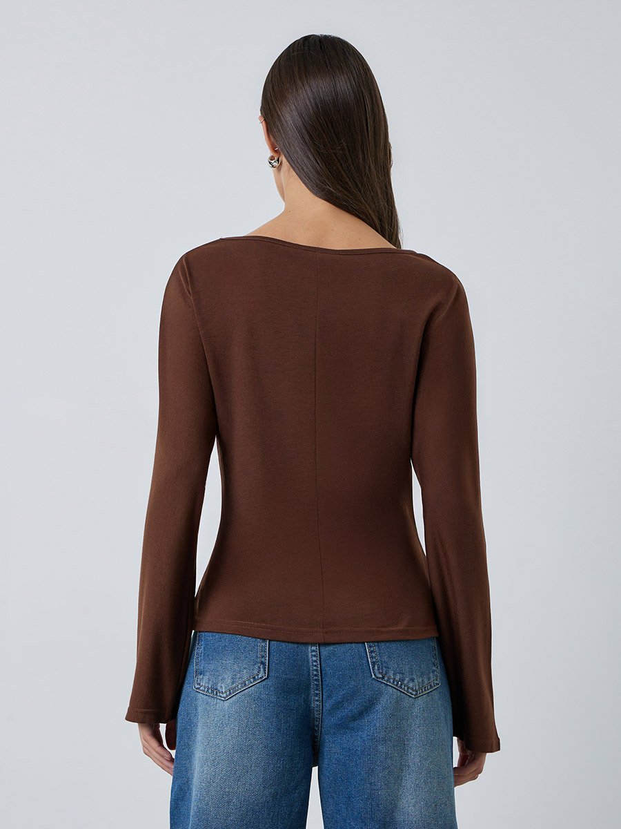 Brown Solid Boat Neck T-Shirt