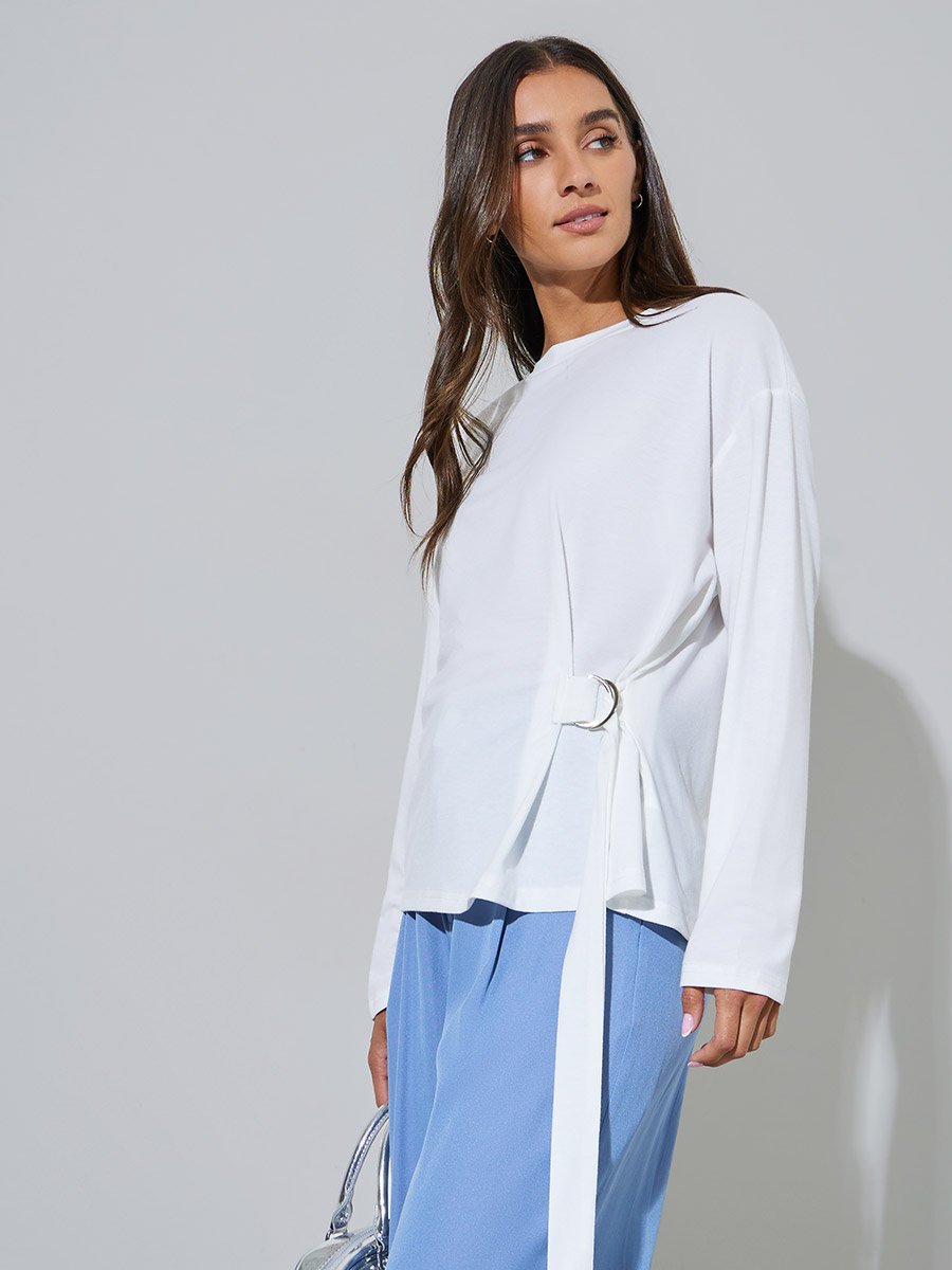 White Round Neck Long Sleeve T-Shirt with D-Ring Waist Detail