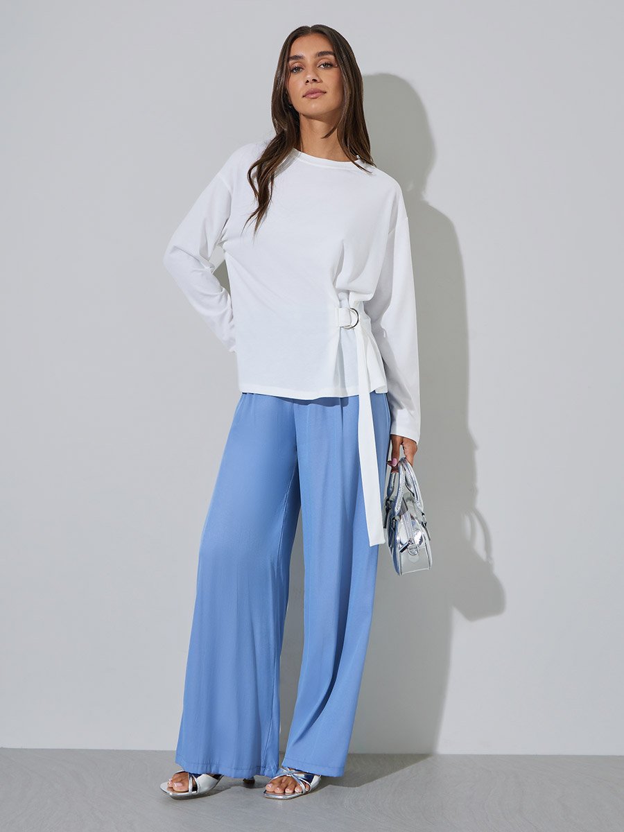 White Round Neck Long Sleeve T-Shirt with D-Ring Waist Detail