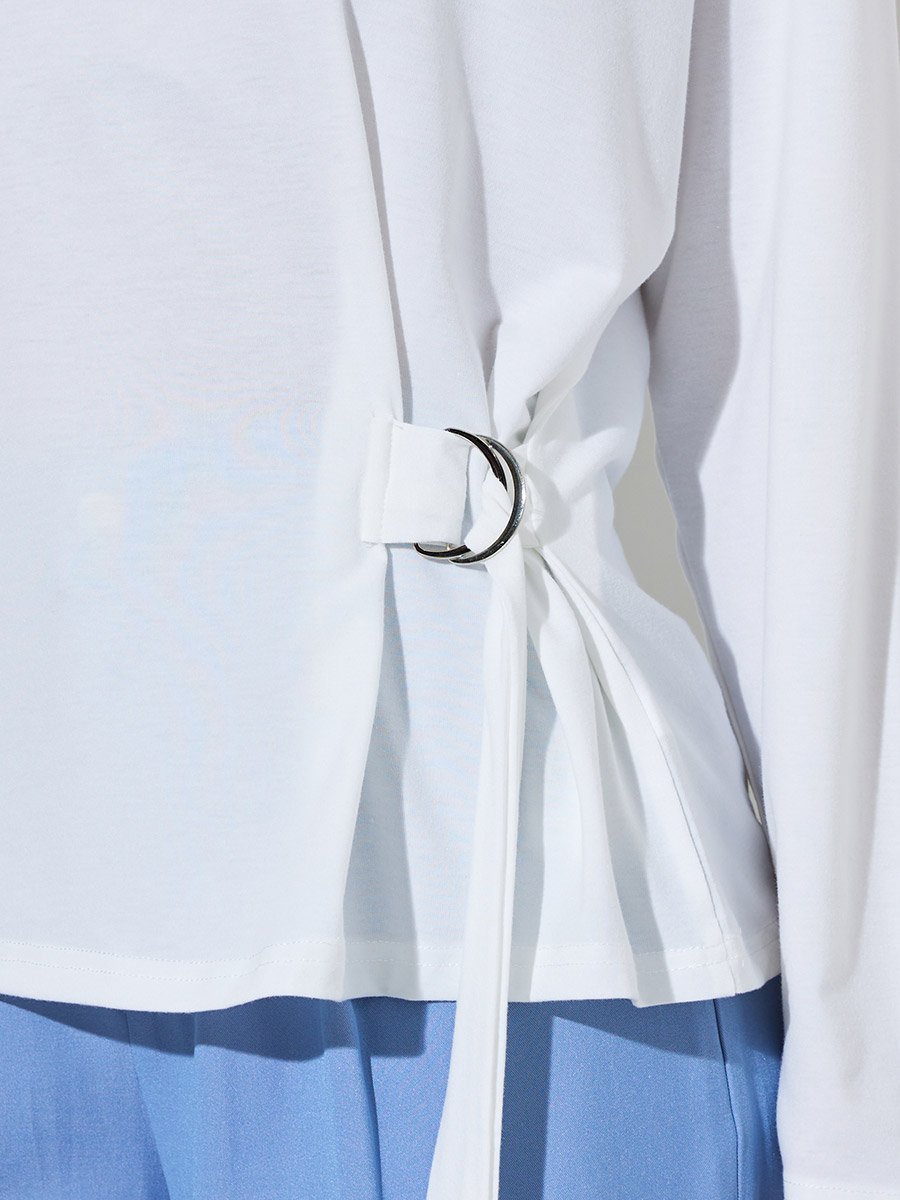 White Round Neck Long Sleeve T-Shirt with D-Ring Waist Detail