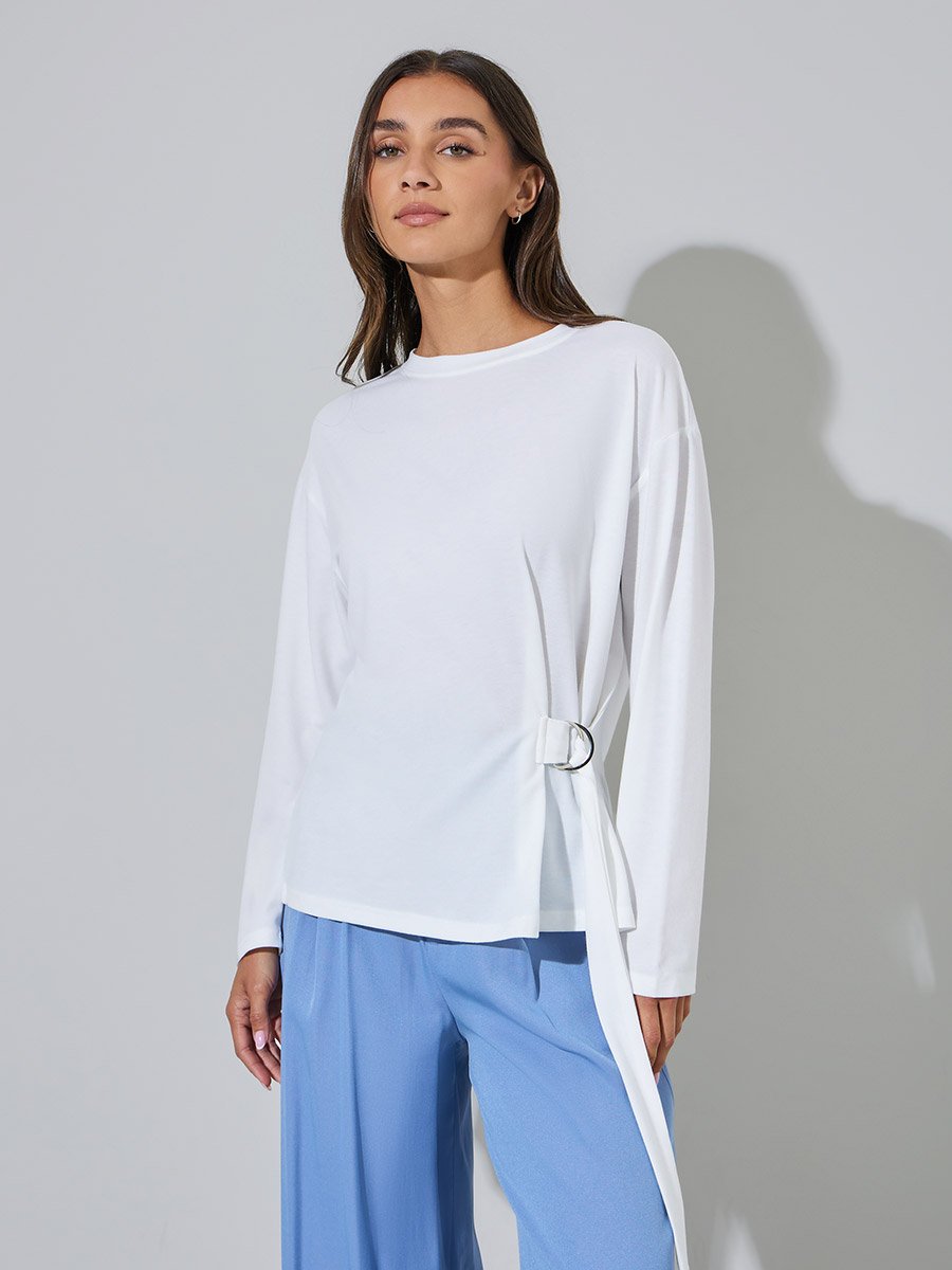 White Round Neck Long Sleeve T-Shirt with D-Ring Waist Detail