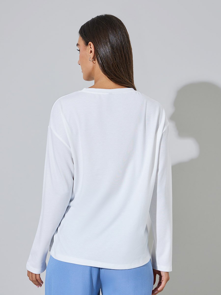 White Round Neck Long Sleeve T-Shirt with D-Ring Waist Detail