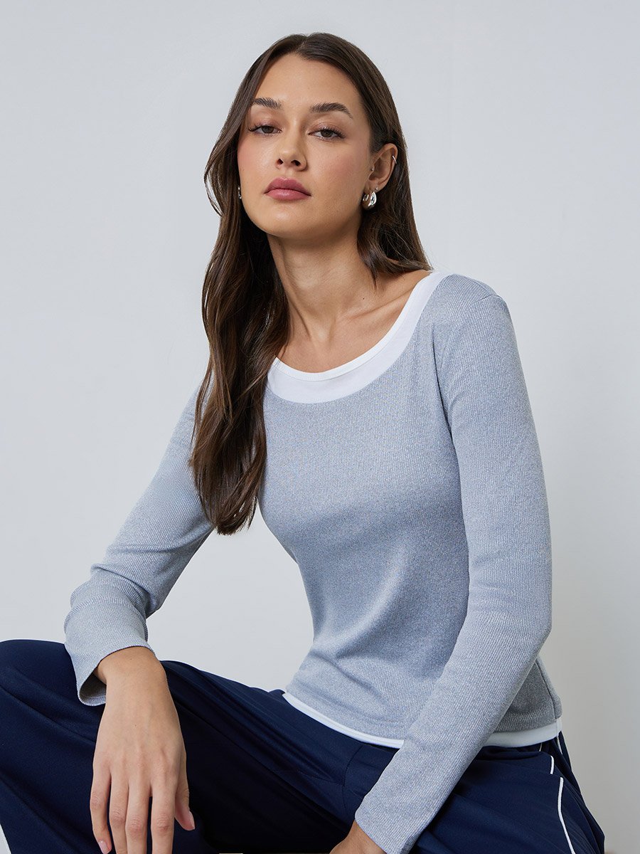 Grey Contrast Trim Long Sleeve T-Shirt