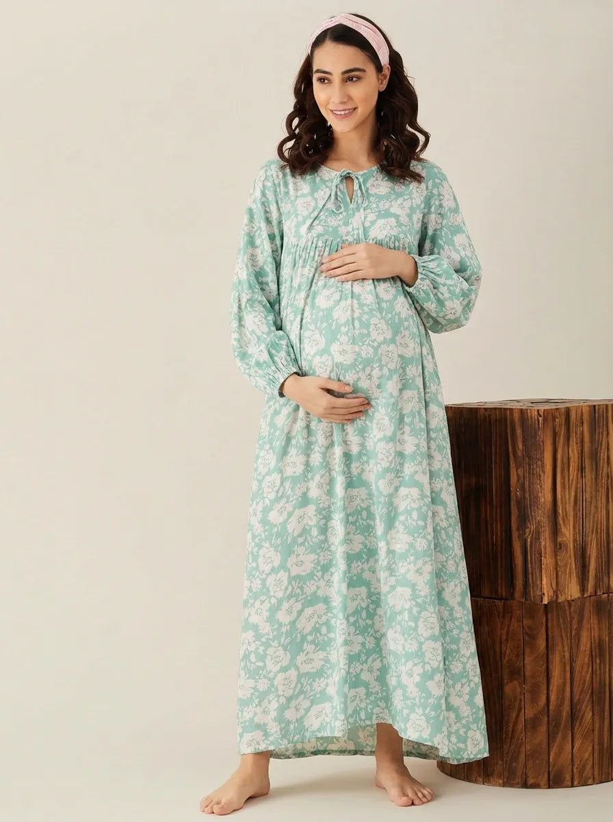 Green Floral Print Maternity Nightdress with Long Sleeves