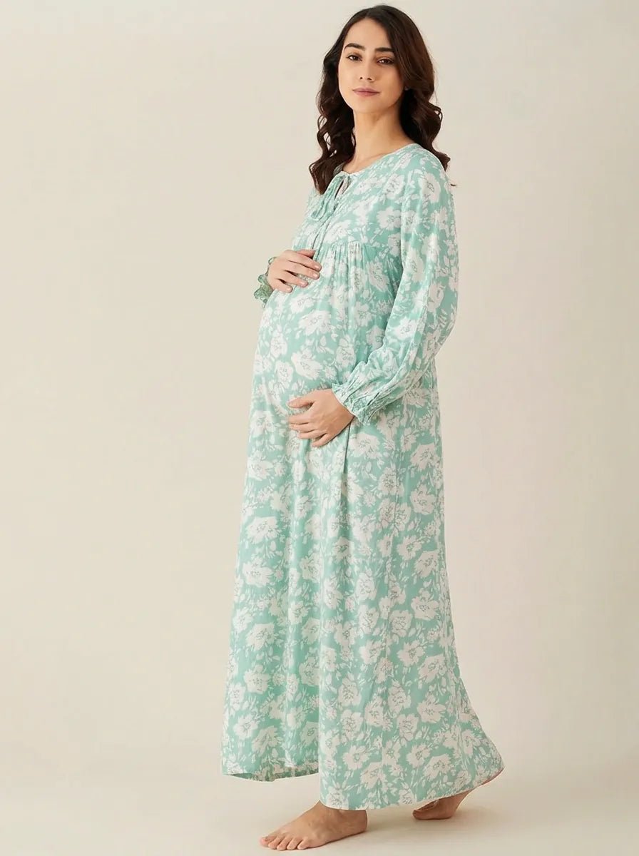 Green Floral Print Maternity Nightdress with Long Sleeves