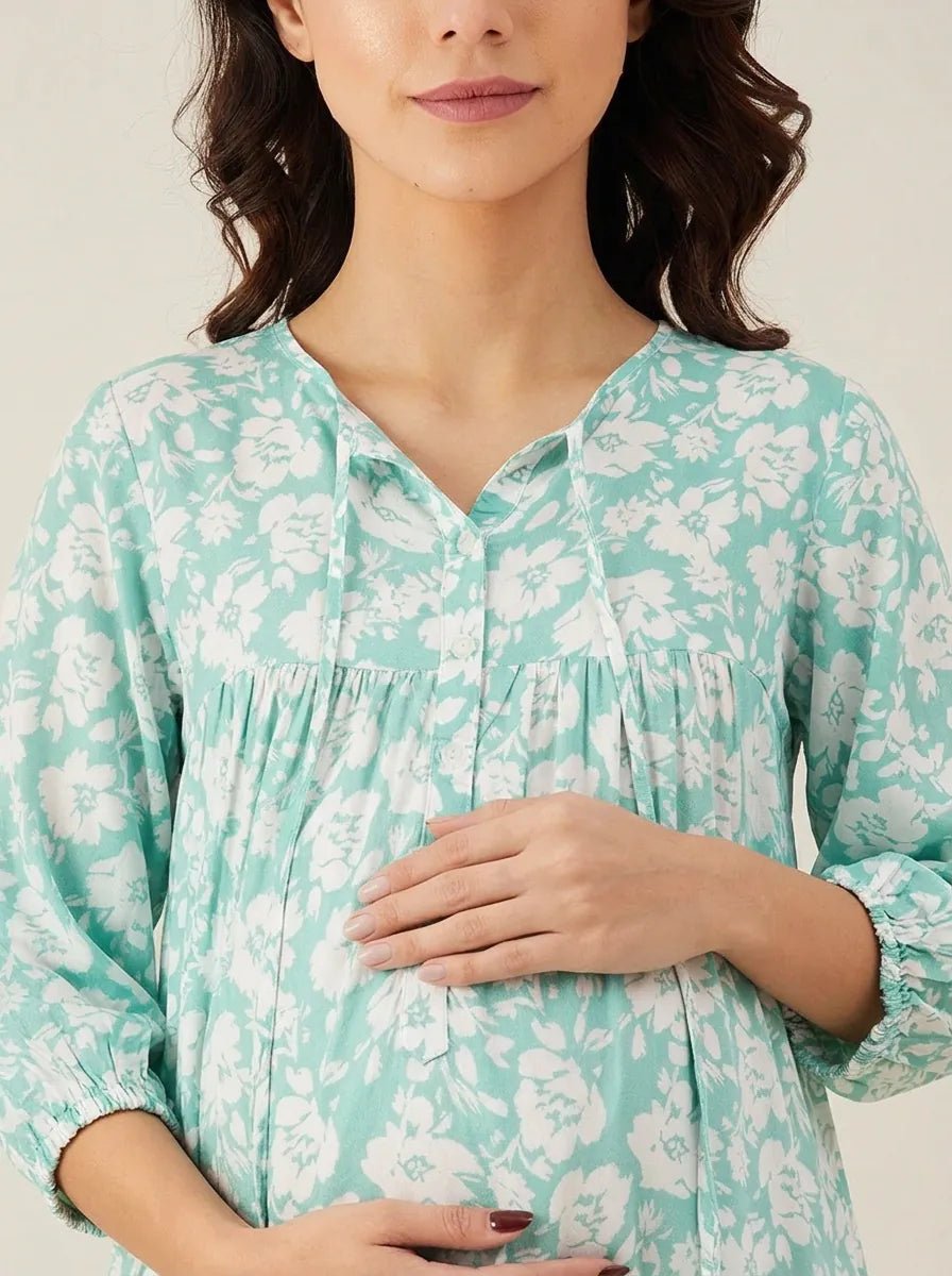 Green Floral Print Maternity Nightdress with Long Sleeves