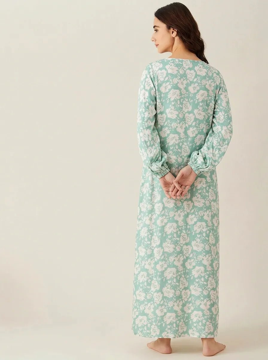 Green Floral Print Maternity Nightdress with Long Sleeves