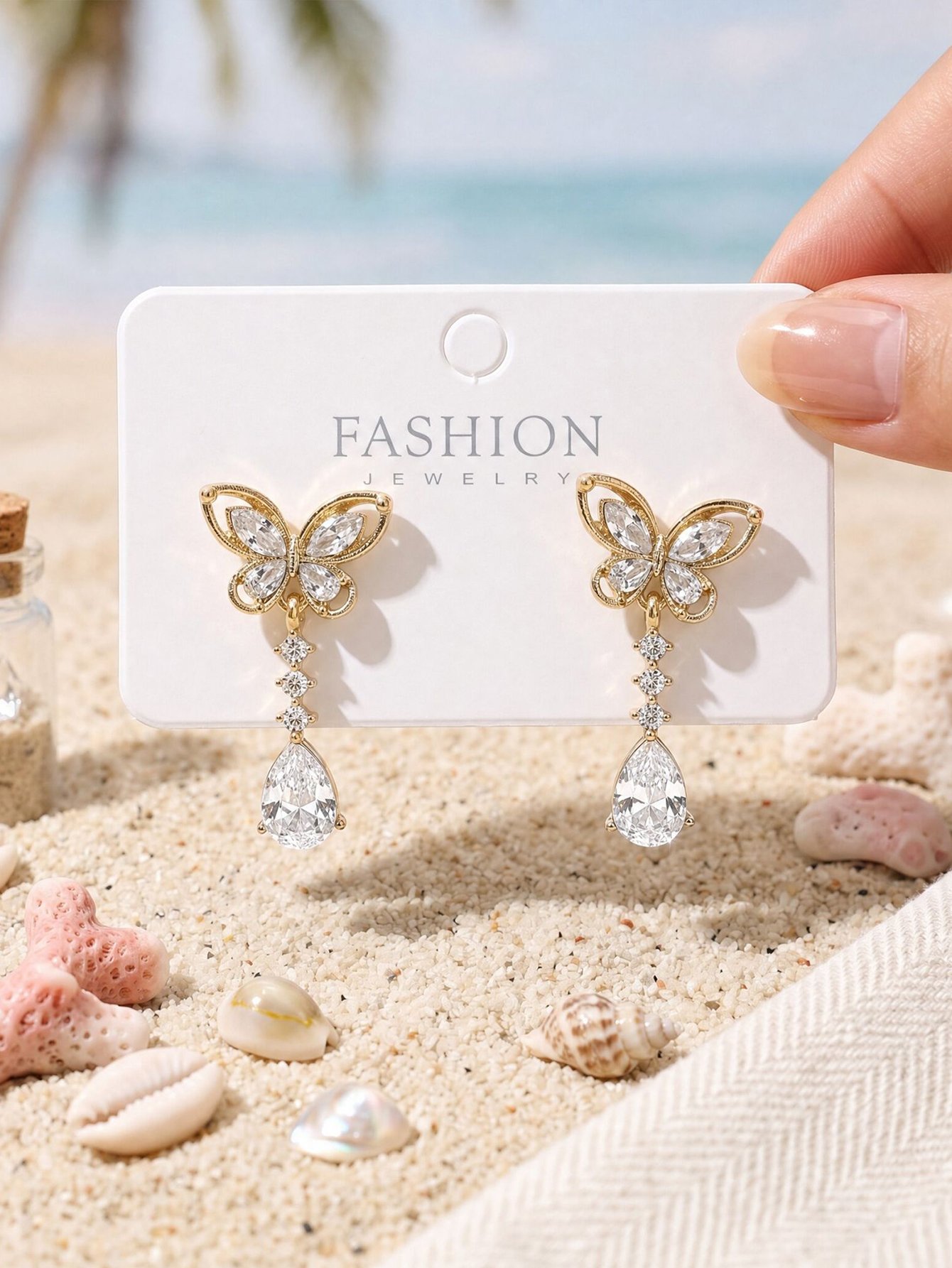 Golden Butterfly Zircon Drop Stud Earrings - Casual Style