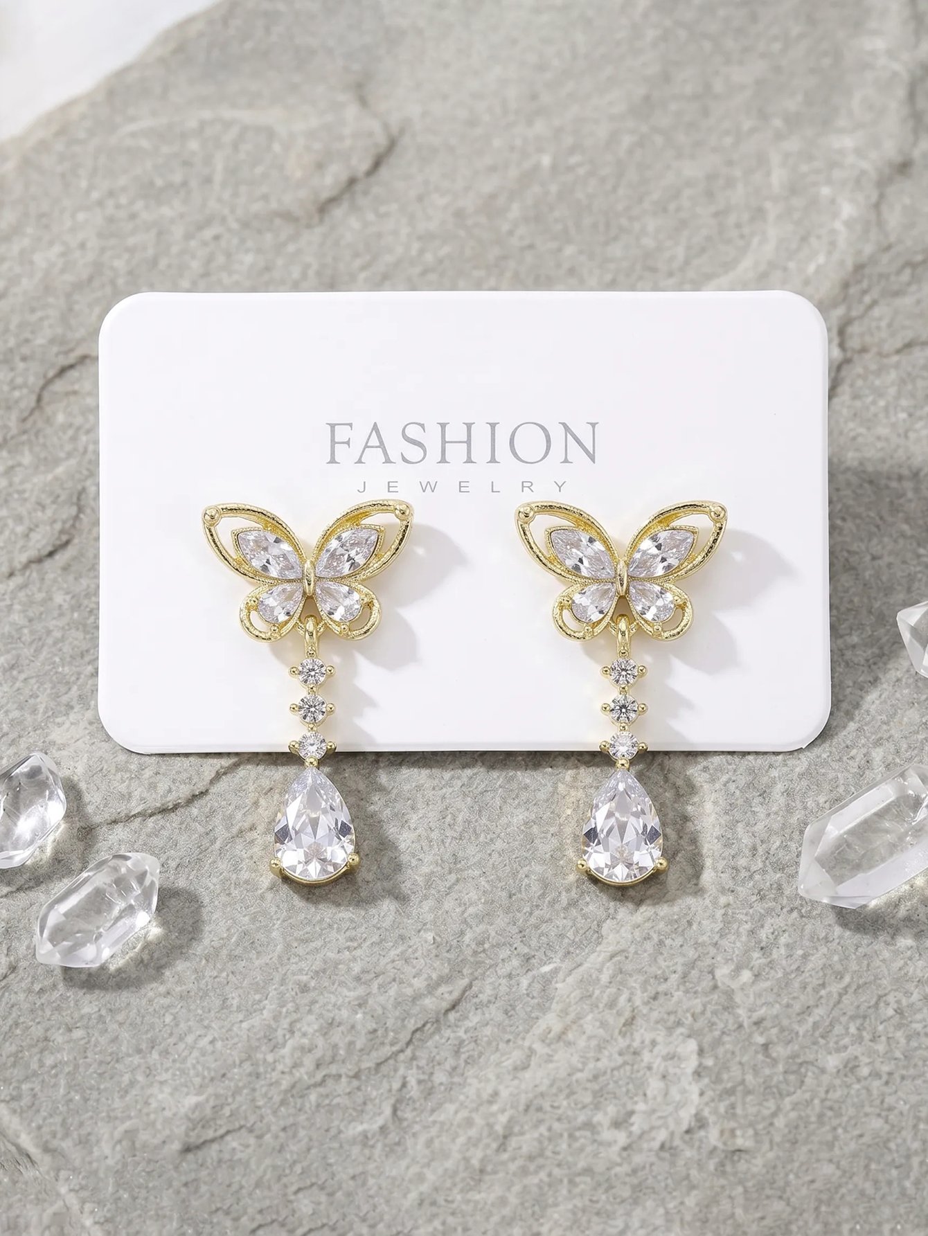 Golden Butterfly Zircon Drop Stud Earrings - Casual Style
