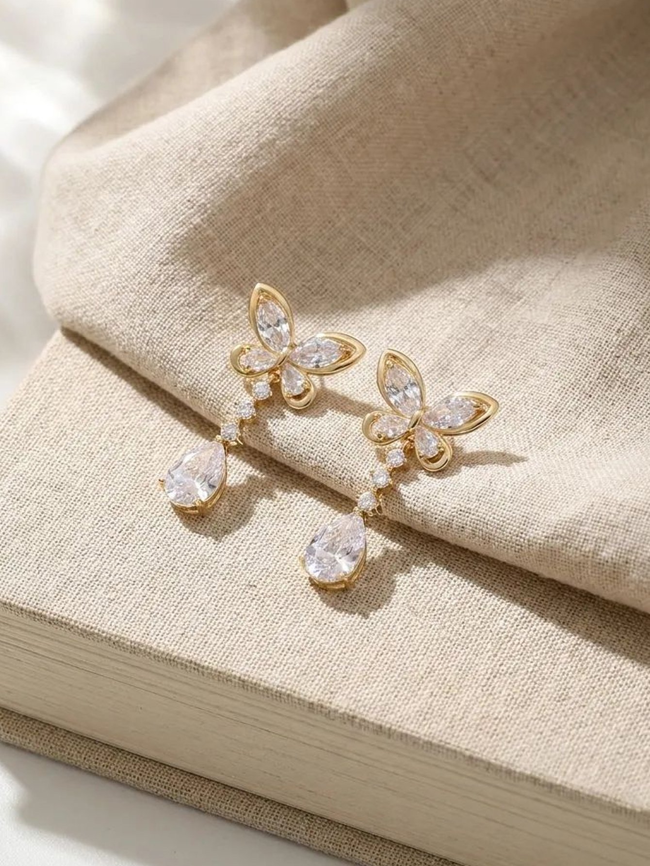 Golden Butterfly Zircon Drop Stud Earrings - Casual Style