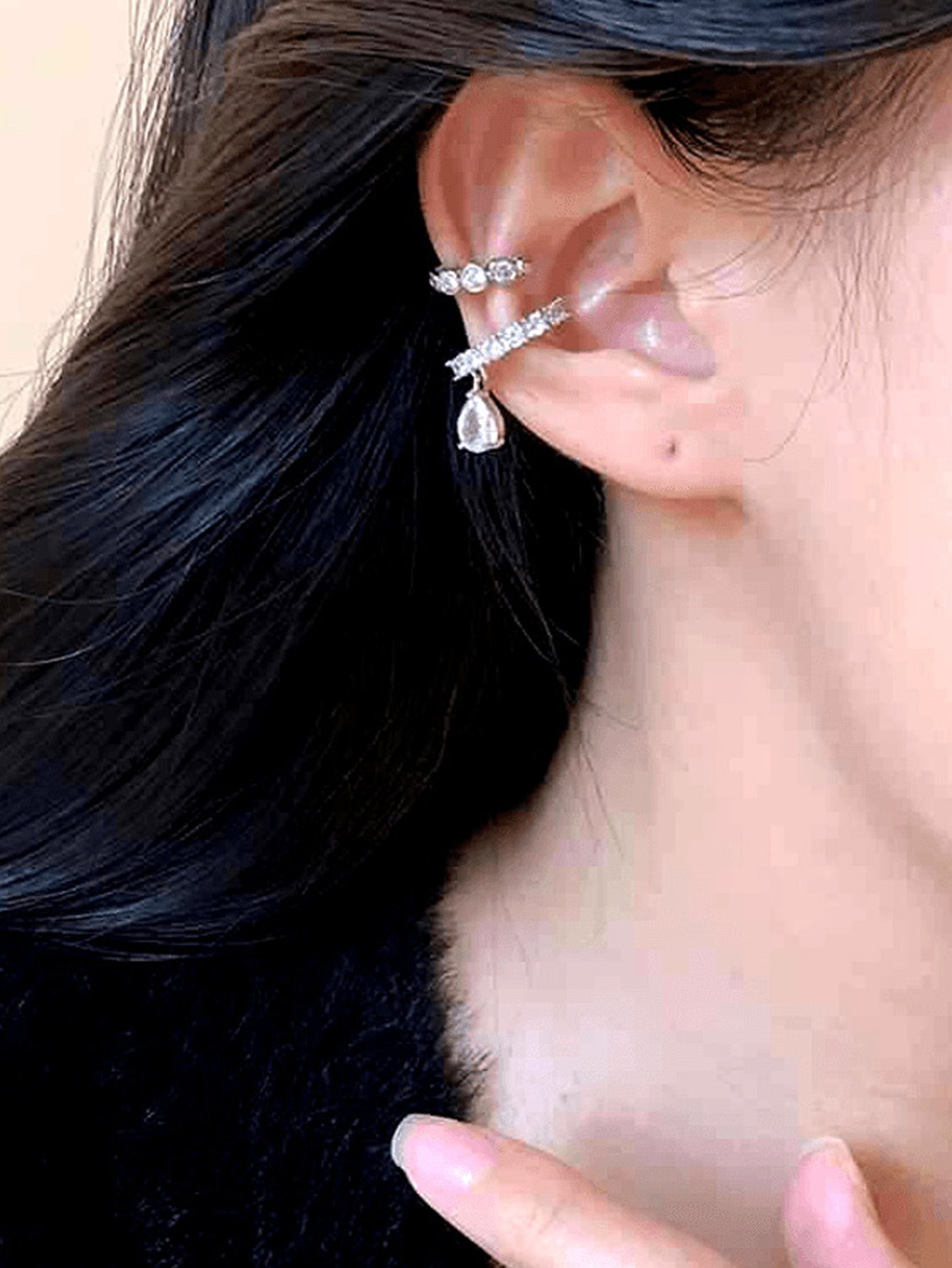 Silver Drop Dangle Ear Cuff Set - Casual Elegance