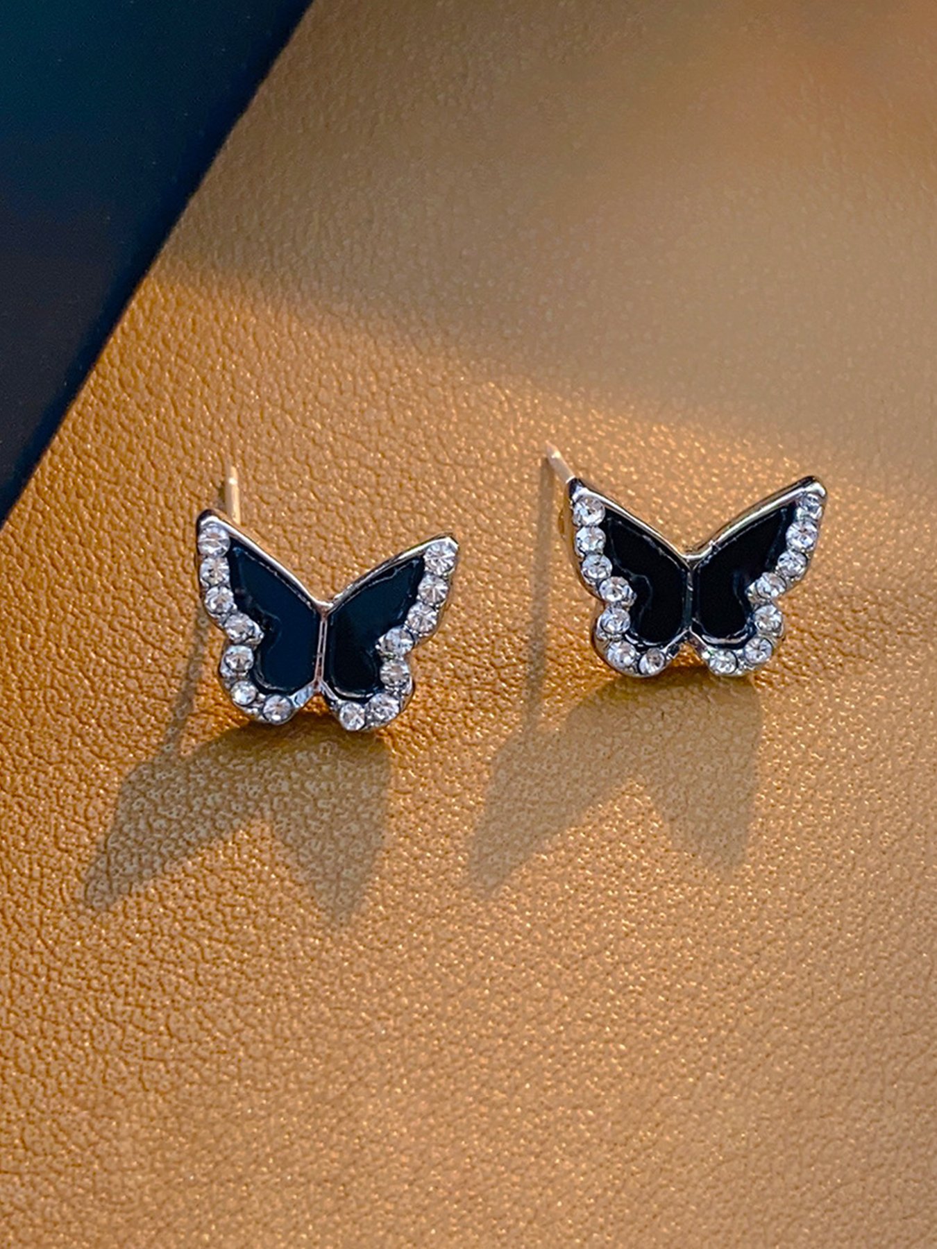 Silver Butterfly Stud Earrings with Rhinestones - Casual 