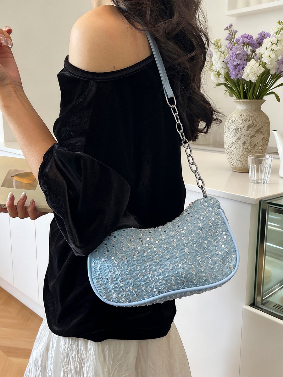 Blue Sequin Shoulder Bag with Chain Strap