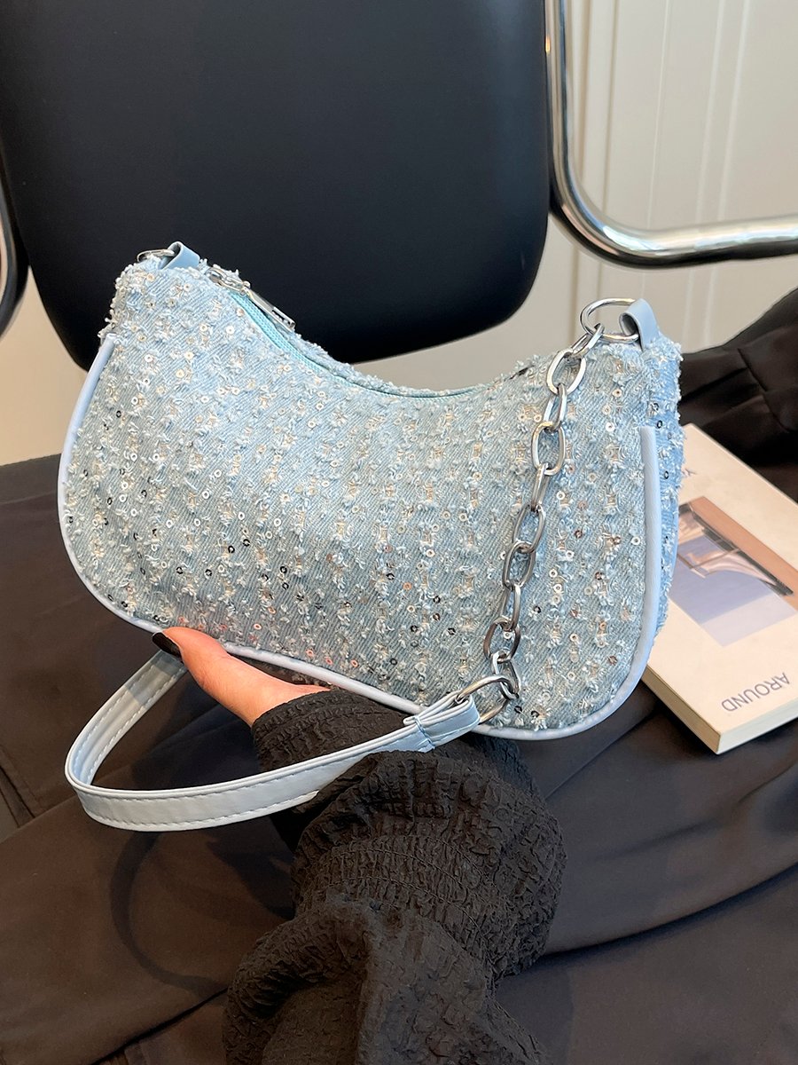 Blue Sequin Shoulder Bag with Chain Strap