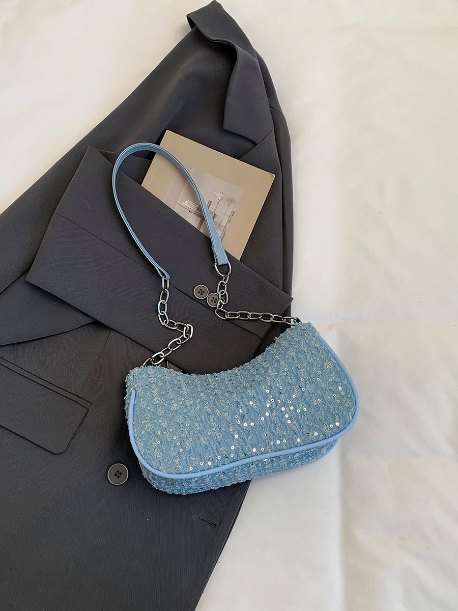 Blue Sequin Shoulder Bag with Chain Strap