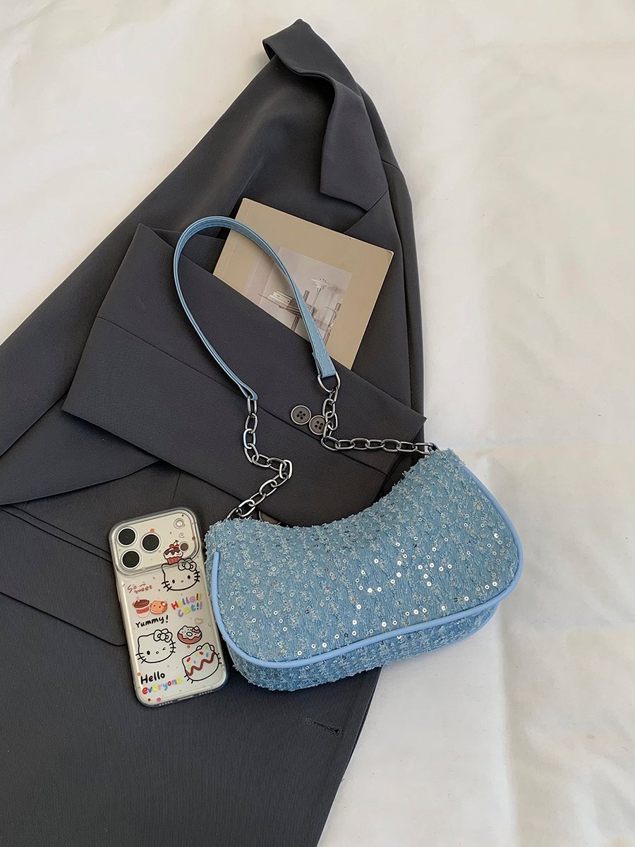 Blue Sequin Shoulder Bag with Chain Strap