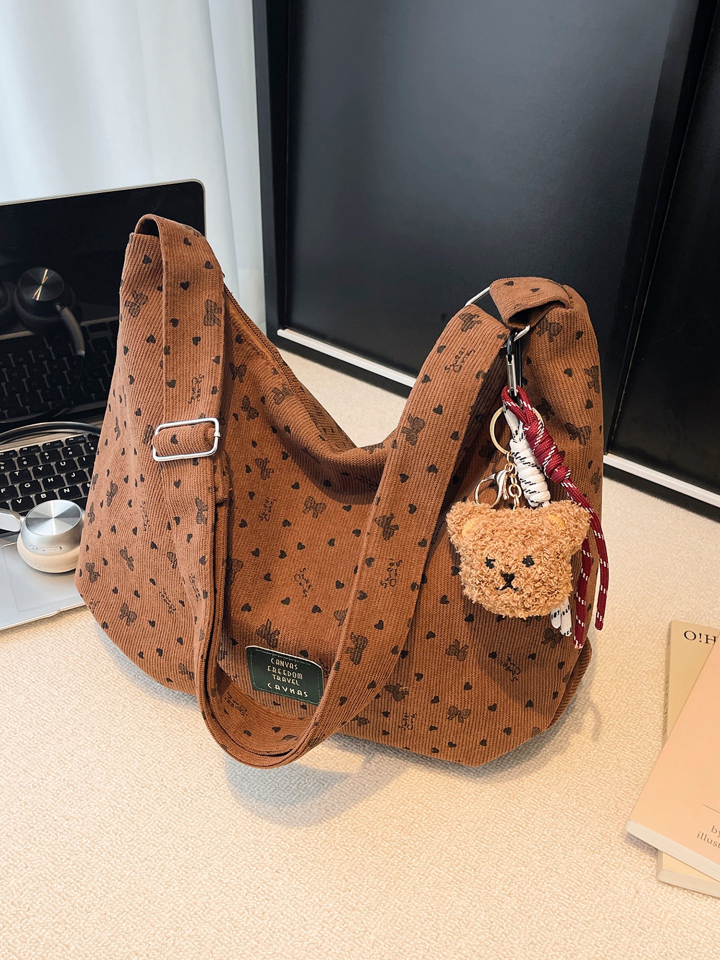 Brown Corduroy Shoulder Bag with Bear Charm